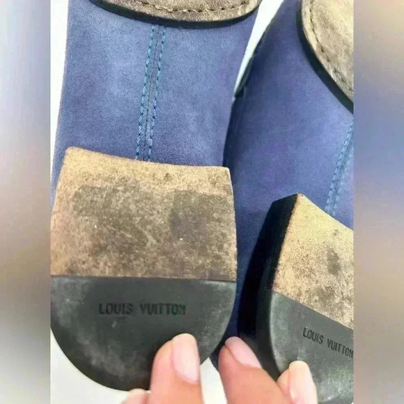 Louis Vuitton Blue Suede Shoes Leather Loafers Sz 37.5 US Womens Logo - Picture 9 of 15